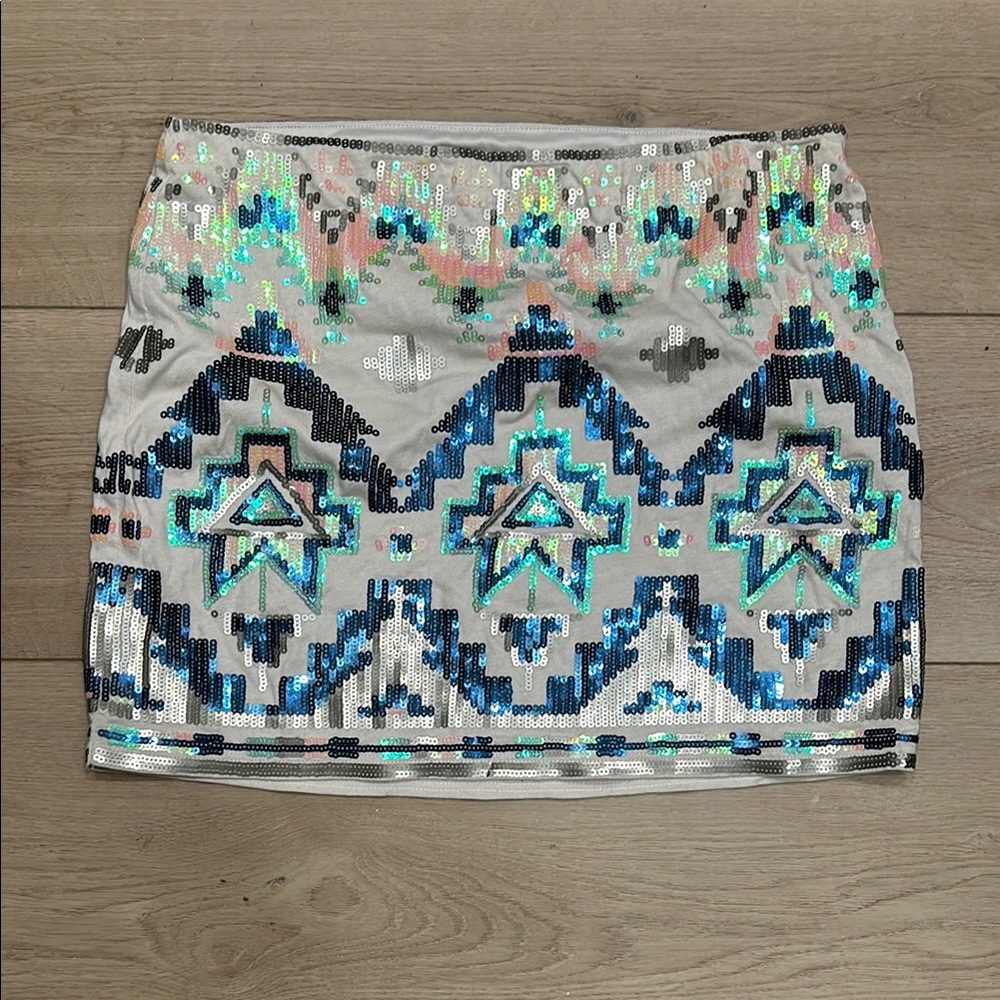 Express Aztec Sequin Tribal Cream Mini Skirt S